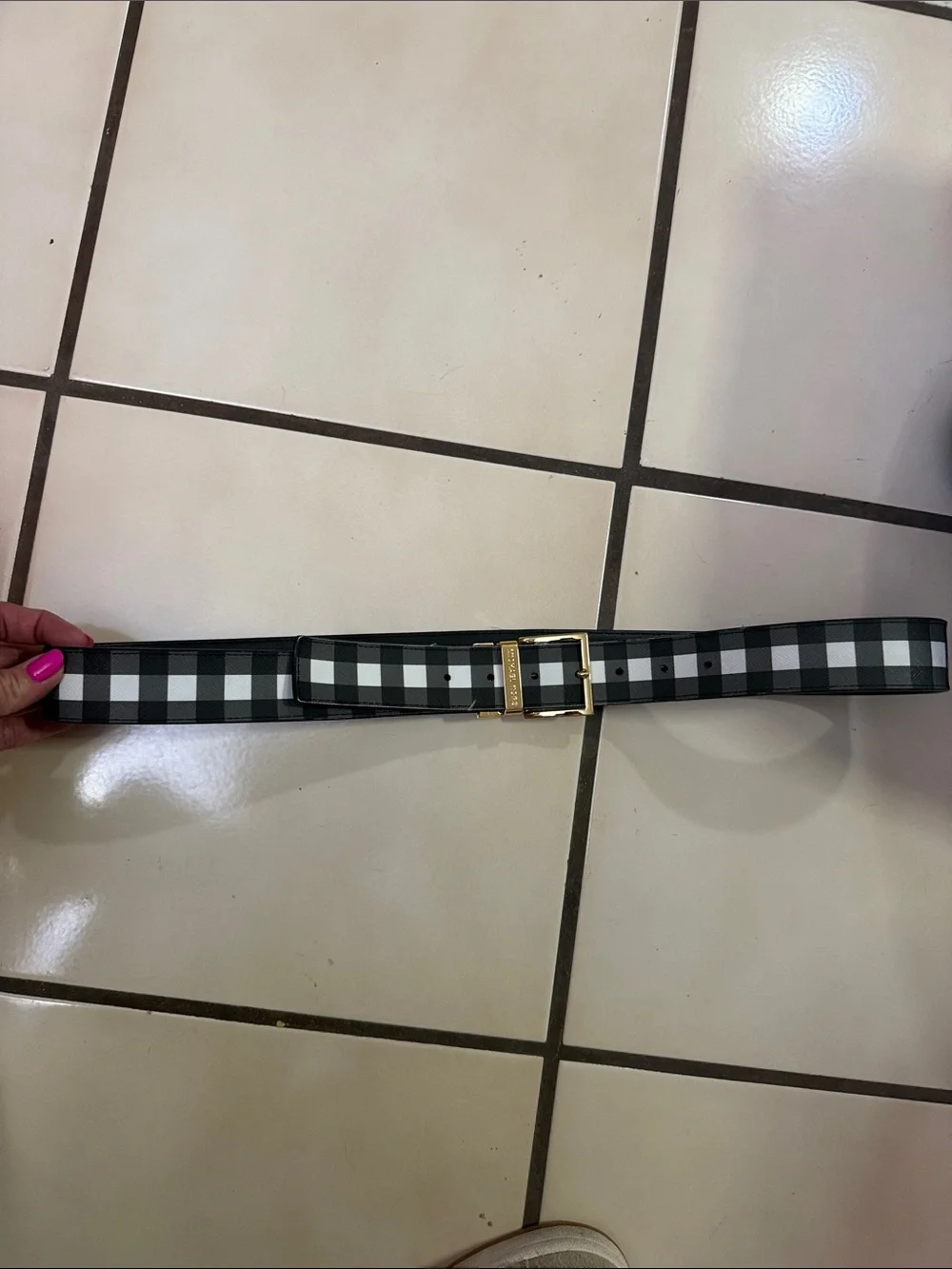 Michael Kors Black and White Checkered Belt with Gold Buckle